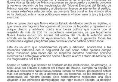 Nueva Aliənza Estado de México no perderá registro en el Estado de México.